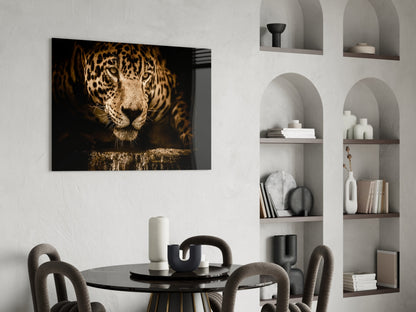 Golden Leopard At Waterhole Glass Wall Art