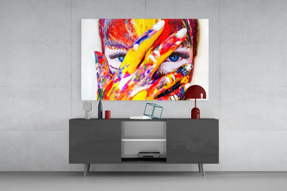 Rainbow Paint Covered Face Glass Wall Art