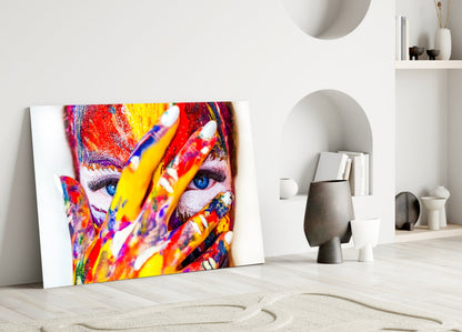 Rainbow Paint Covered Face Glass Wall Art