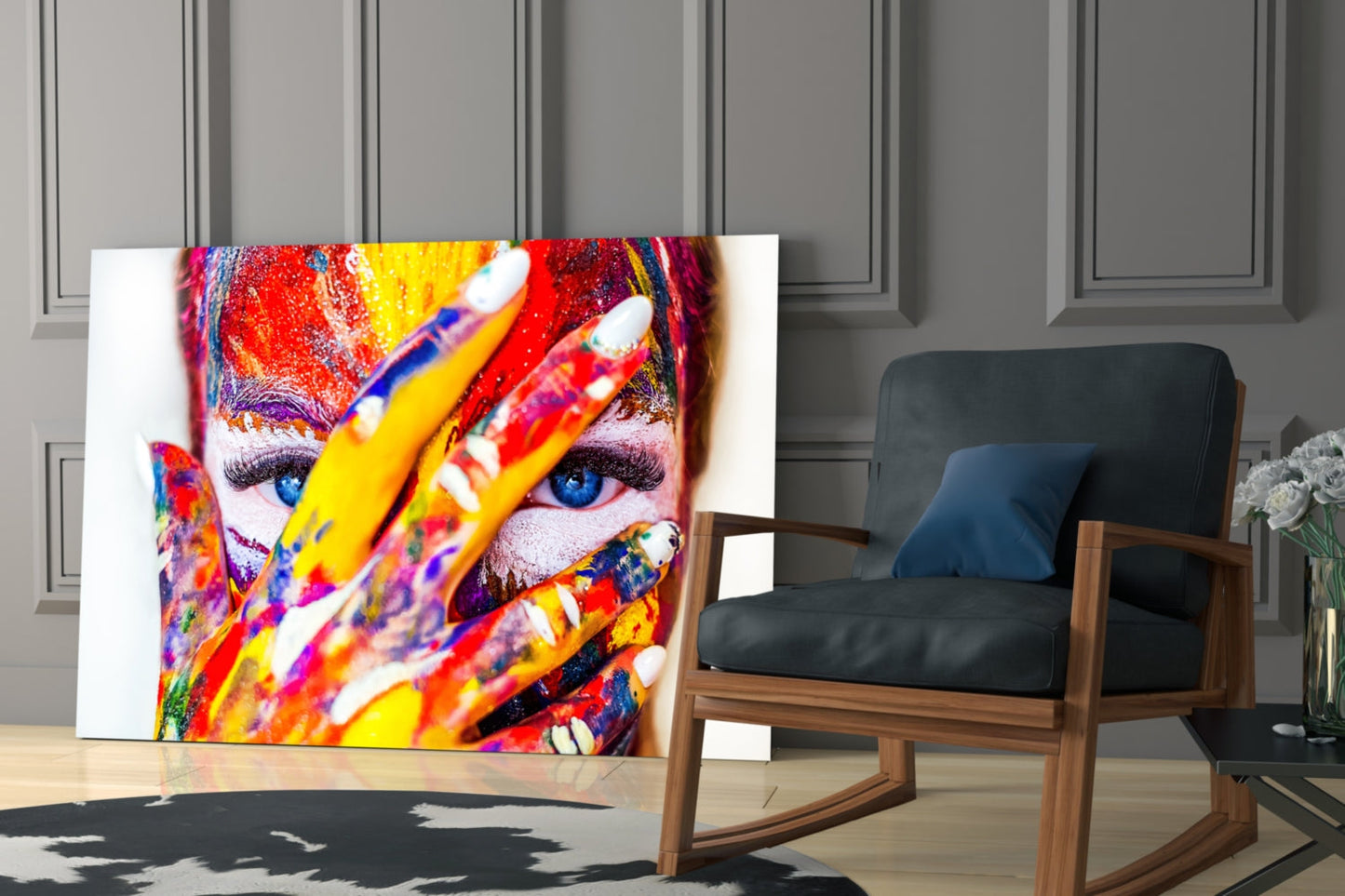 Rainbow Paint Covered Face Glass Wall Art