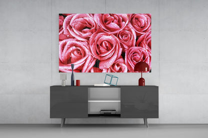 Dewy Pink Rose Bouquet Closeup Glass Wall Art