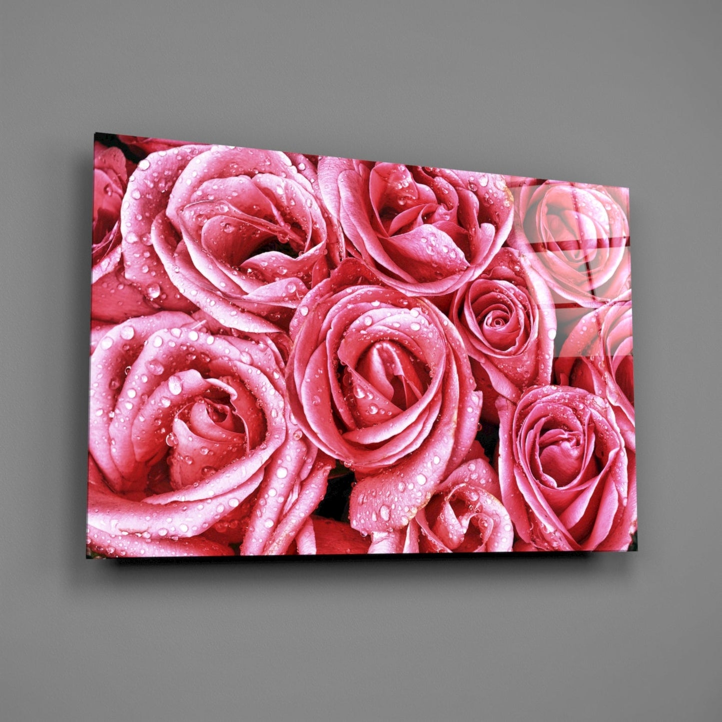 Dewy Pink Rose Bouquet Closeup Glass Wall Art