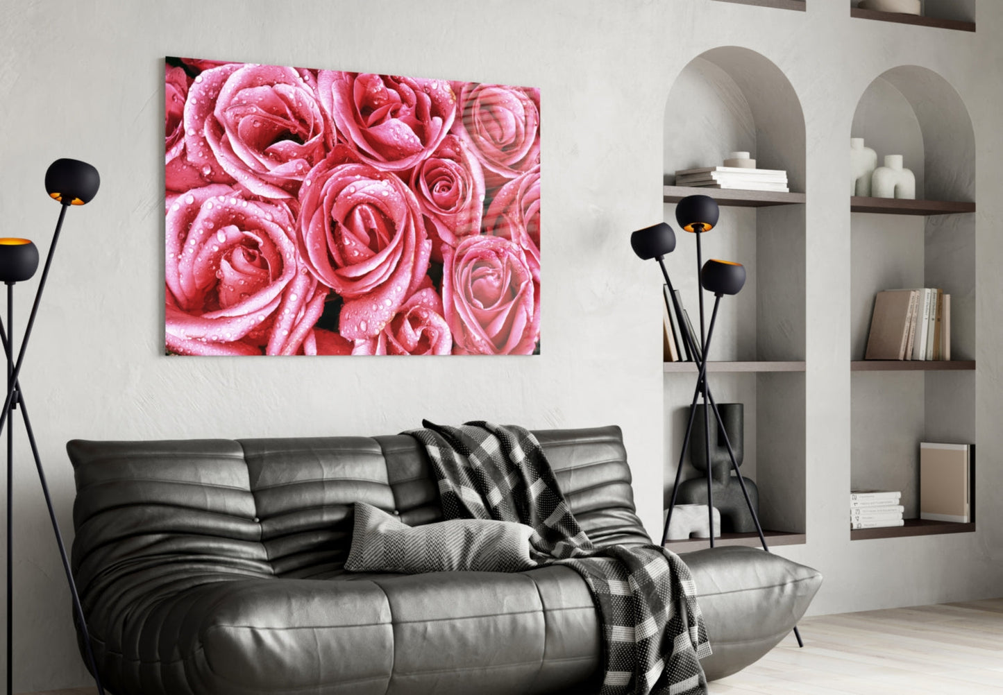 Dewy Pink Rose Bouquet Closeup Glass Wall Art