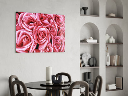 Dewy Pink Rose Bouquet Closeup Glass Wall Art