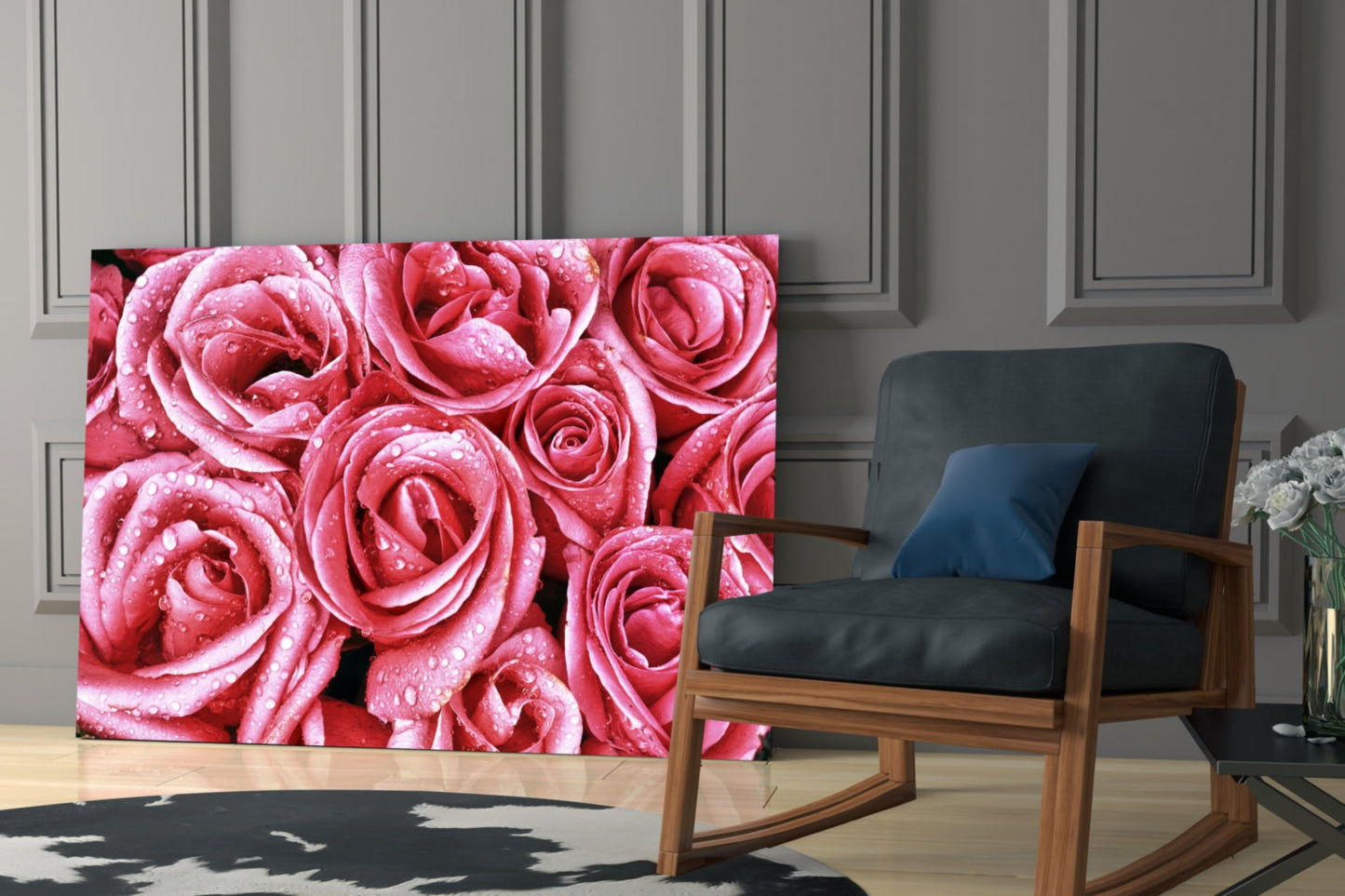 Dewy Pink Rose Bouquet Closeup Glass Wall Art