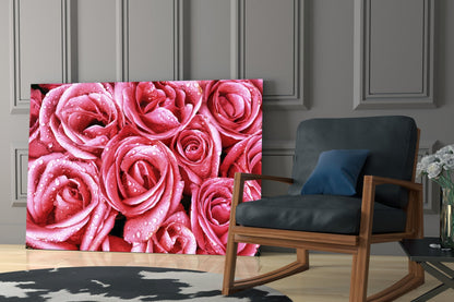 Dewy Pink Rose Bouquet Closeup Glass Wall Art