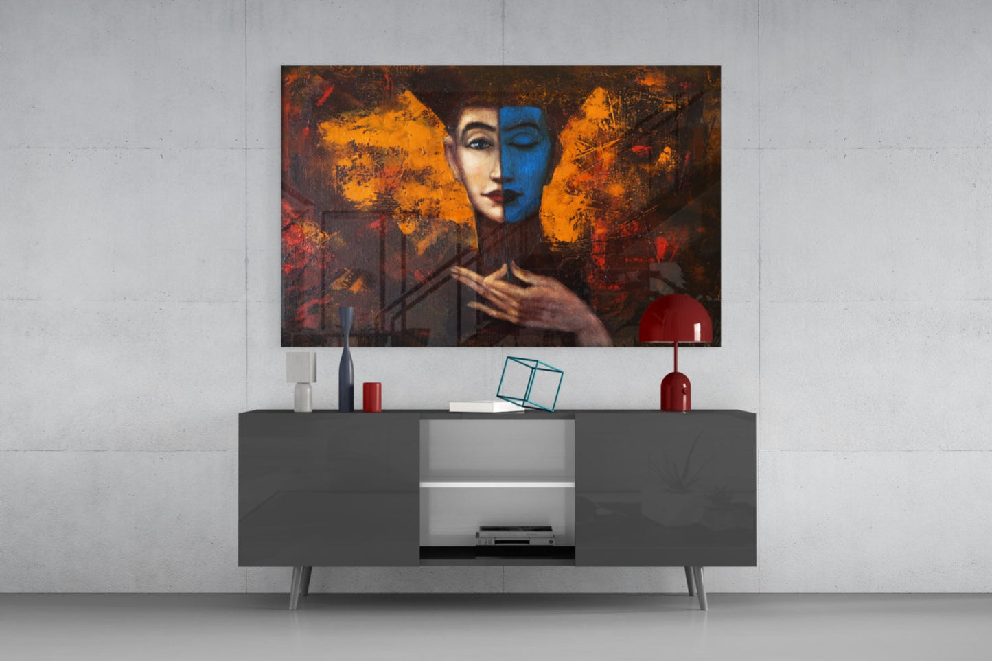Blue Half Face Amber Painting Glass Wall Art