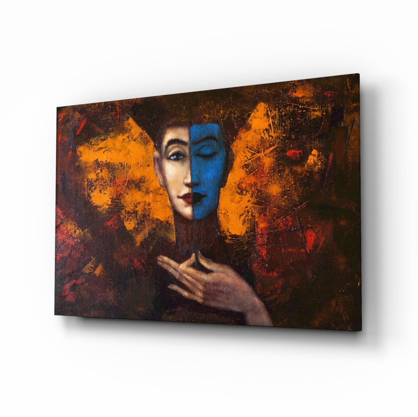 Blue Half Face Amber Painting Glass Wall Art