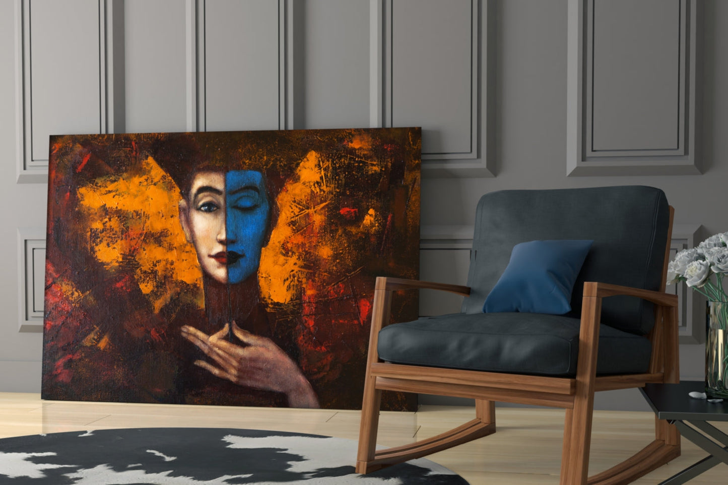 Blue Half Face Amber Painting Glass Wall Art