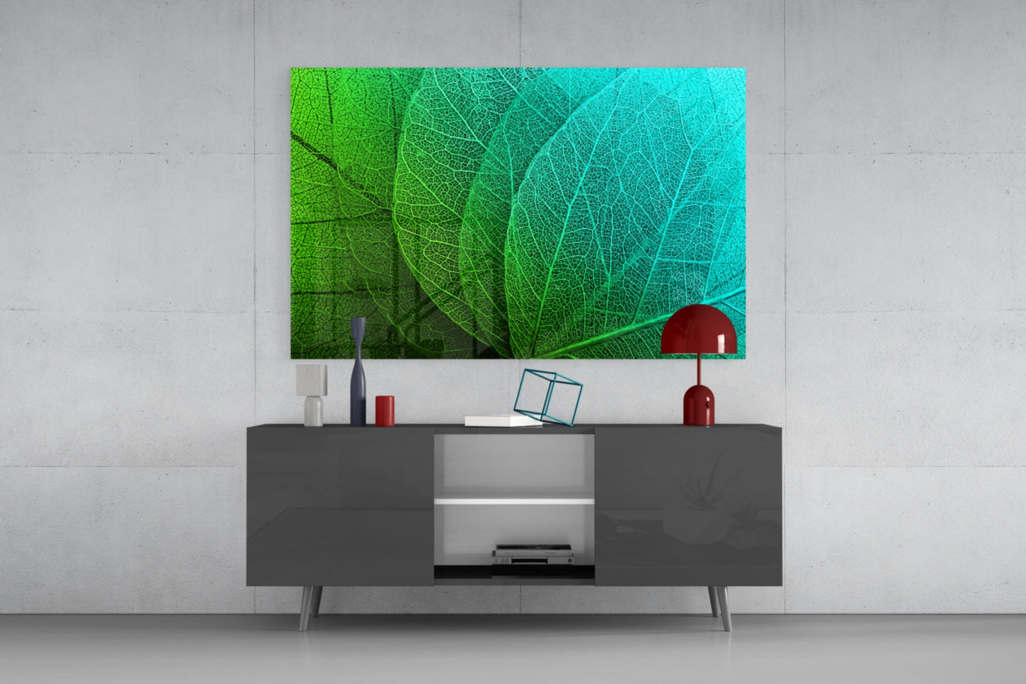Green to Turquoise Leaf Vein Gradient Glass Wall Art