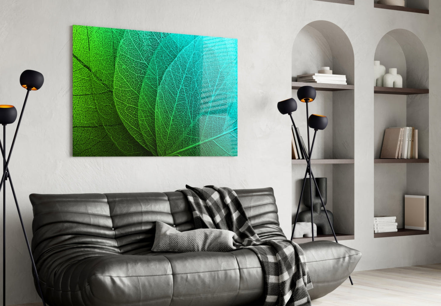 Green to Turquoise Leaf Vein Gradient Glass Wall Art