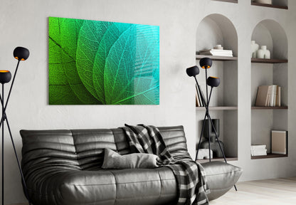 Green to Turquoise Leaf Vein Gradient Glass Wall Art