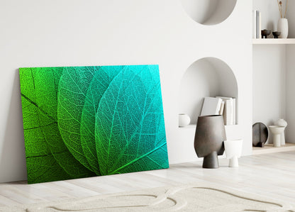 Green to Turquoise Leaf Vein Gradient Glass Wall Art