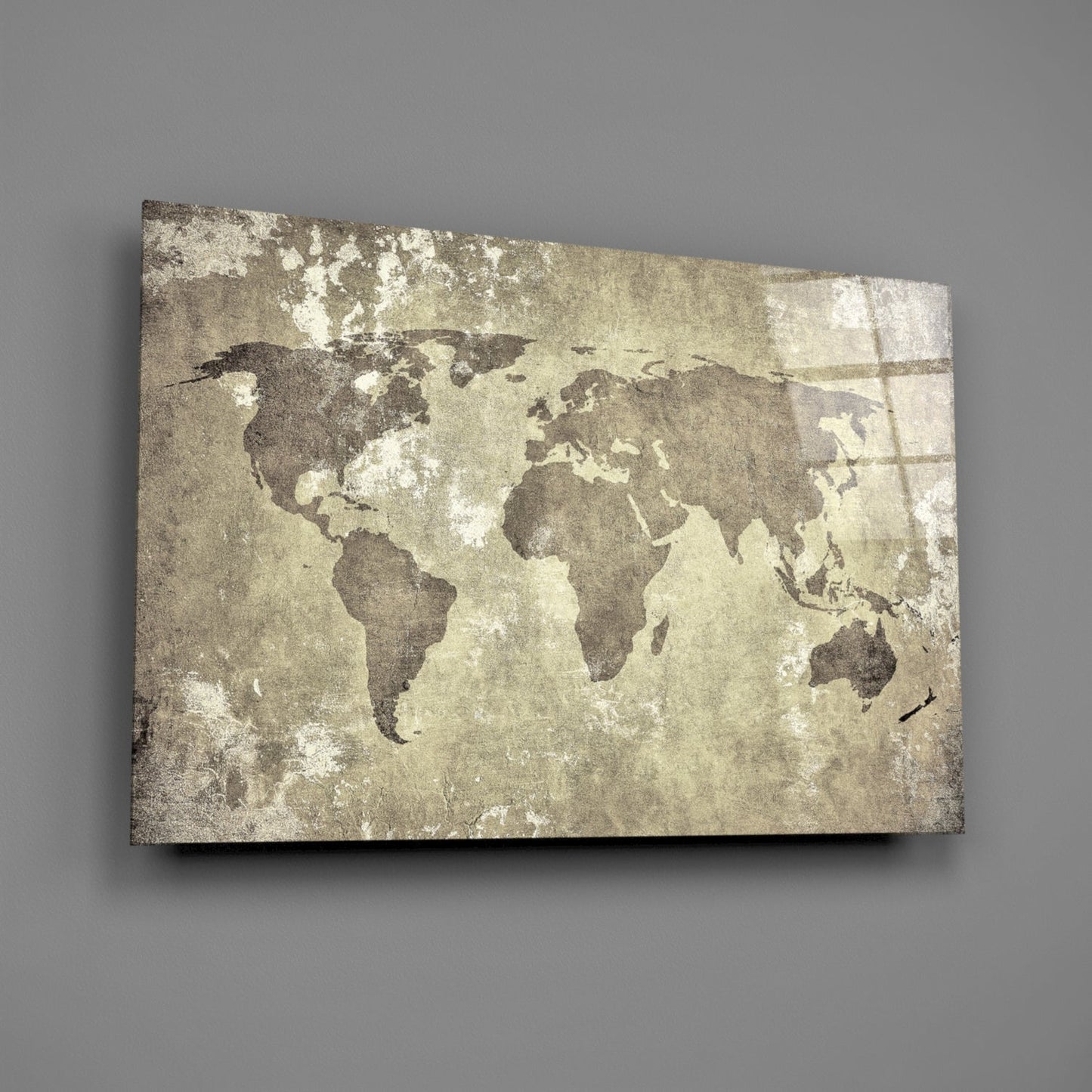 Vintage Distressed Beige World Map Glass Wall Art