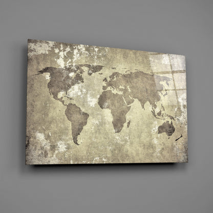 Vintage Distressed Beige World Map Glass Wall Art