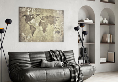 Vintage Distressed Beige World Map Glass Wall Art
