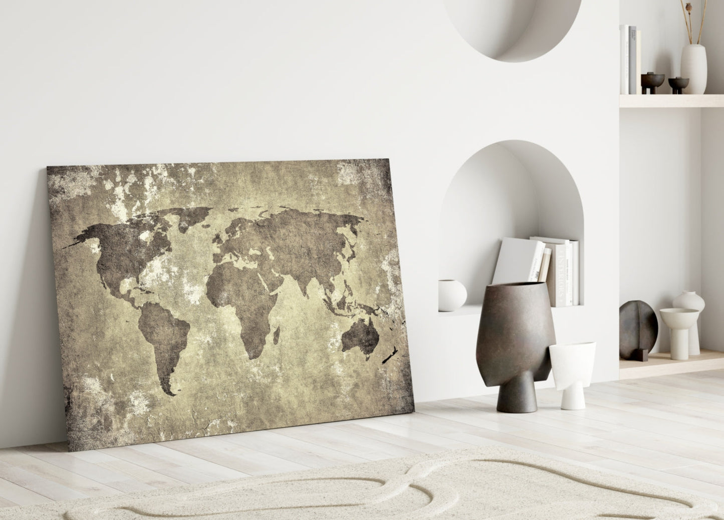 Vintage Distressed Beige World Map Glass Wall Art