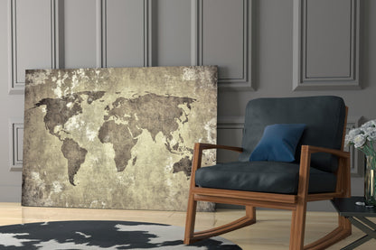 Vintage Distressed Beige World Map Glass Wall Art