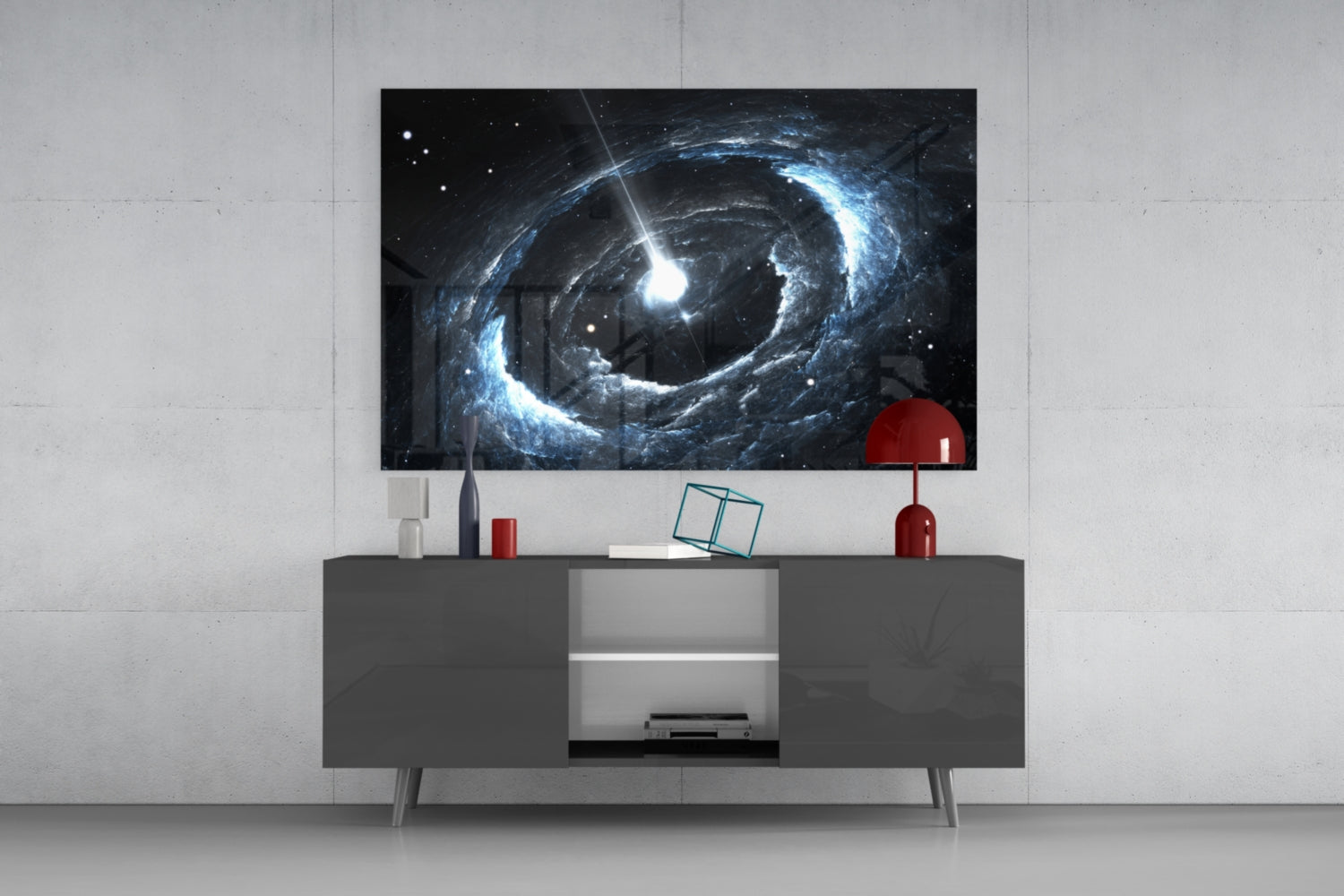Cosmos Glass Wall Art displaying a blue and white spiral galaxy with bright center mounted above dark media console in modern living room setting.