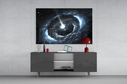 Cosmos Glass Wall Art displaying a blue and white spiral galaxy with bright center mounted above dark media console in modern living room setting.