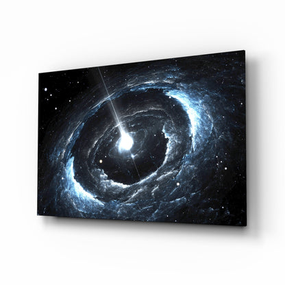 Angled view of a glass wall panel displaying a spiral galaxy with bright blue and white swirling arms against a black starry background.