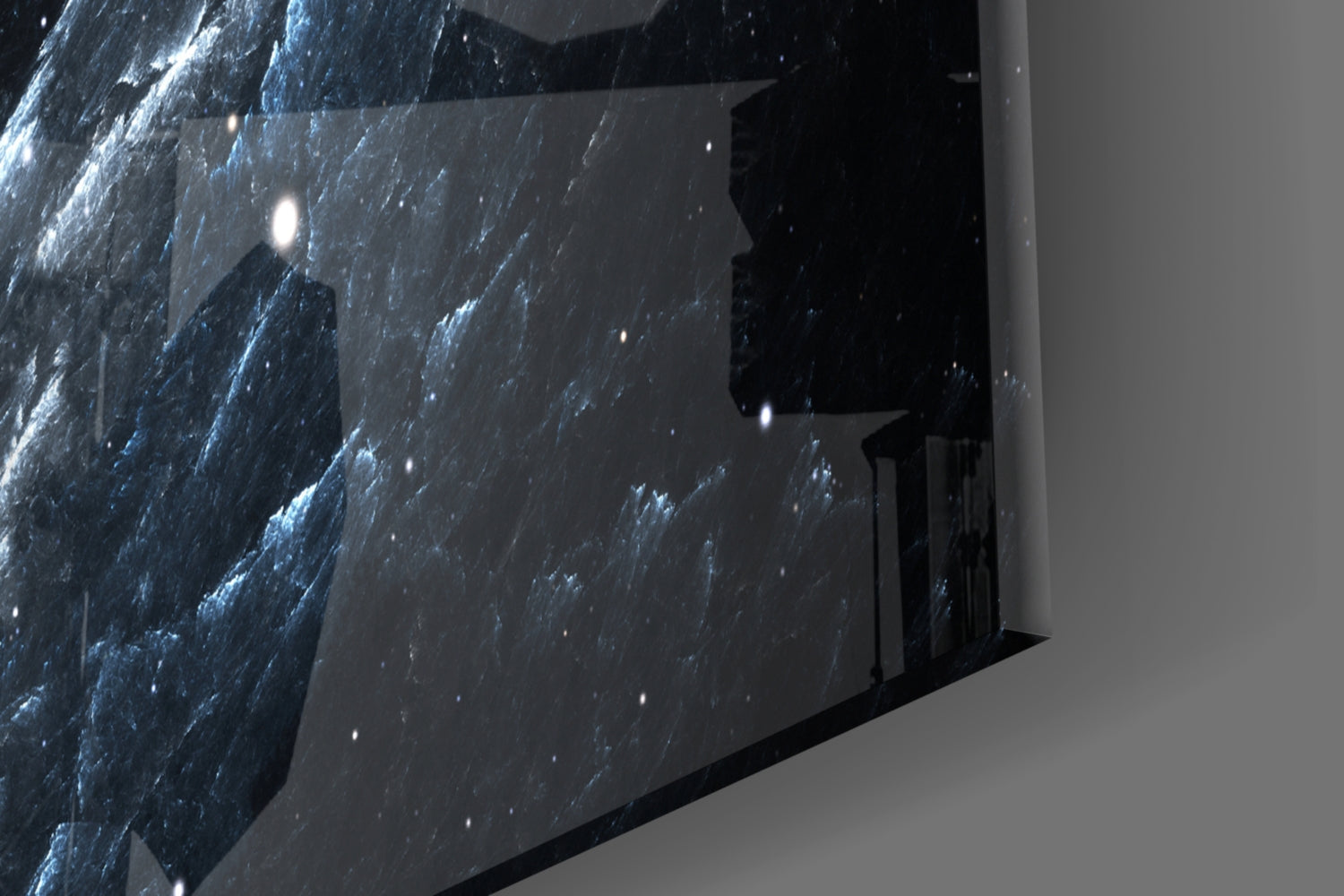 Angled view of dark glass wall panel displaying blue and white starfield pattern with streaking light effects.