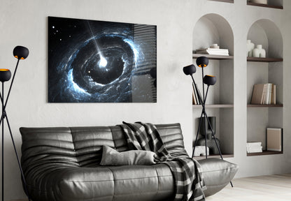 Blue and white spiral galaxy glass wall art hanging above a gray leather sofa in a modern living room interior.