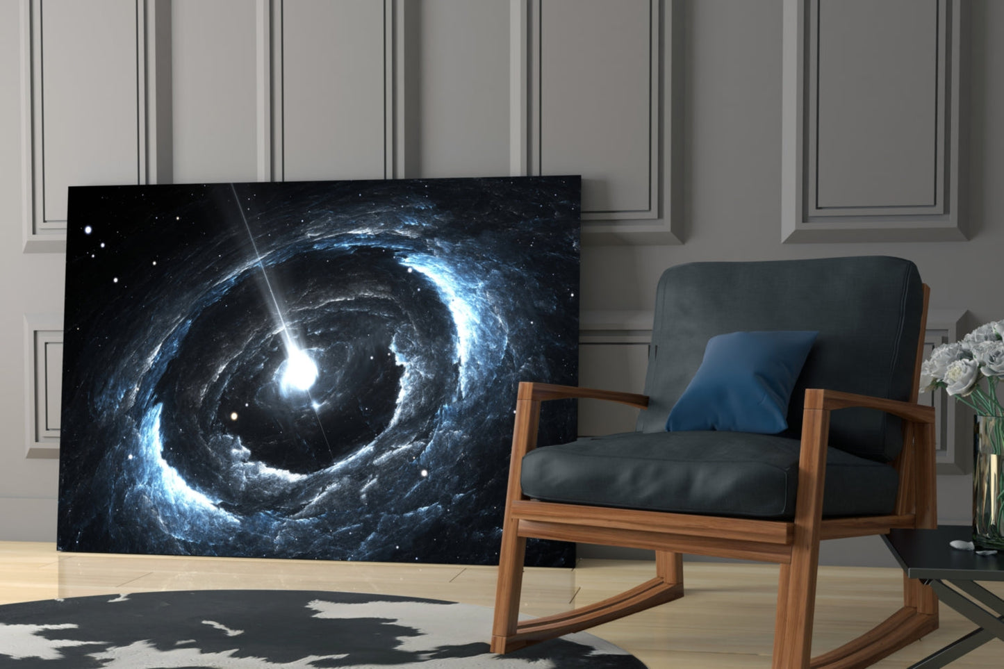 Glass wall art displaying a luminous blue spiral galaxy with bright center against black starry space, mounted in modern living room beside wooden chair.