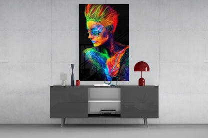 Neon Mohawk Feather Woman Glass Wall Art