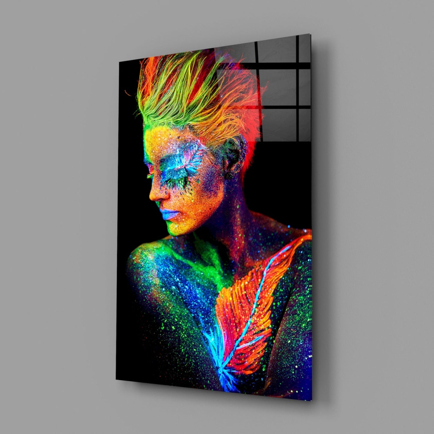 Neon Mohawk Feather Woman Glass Wall Art