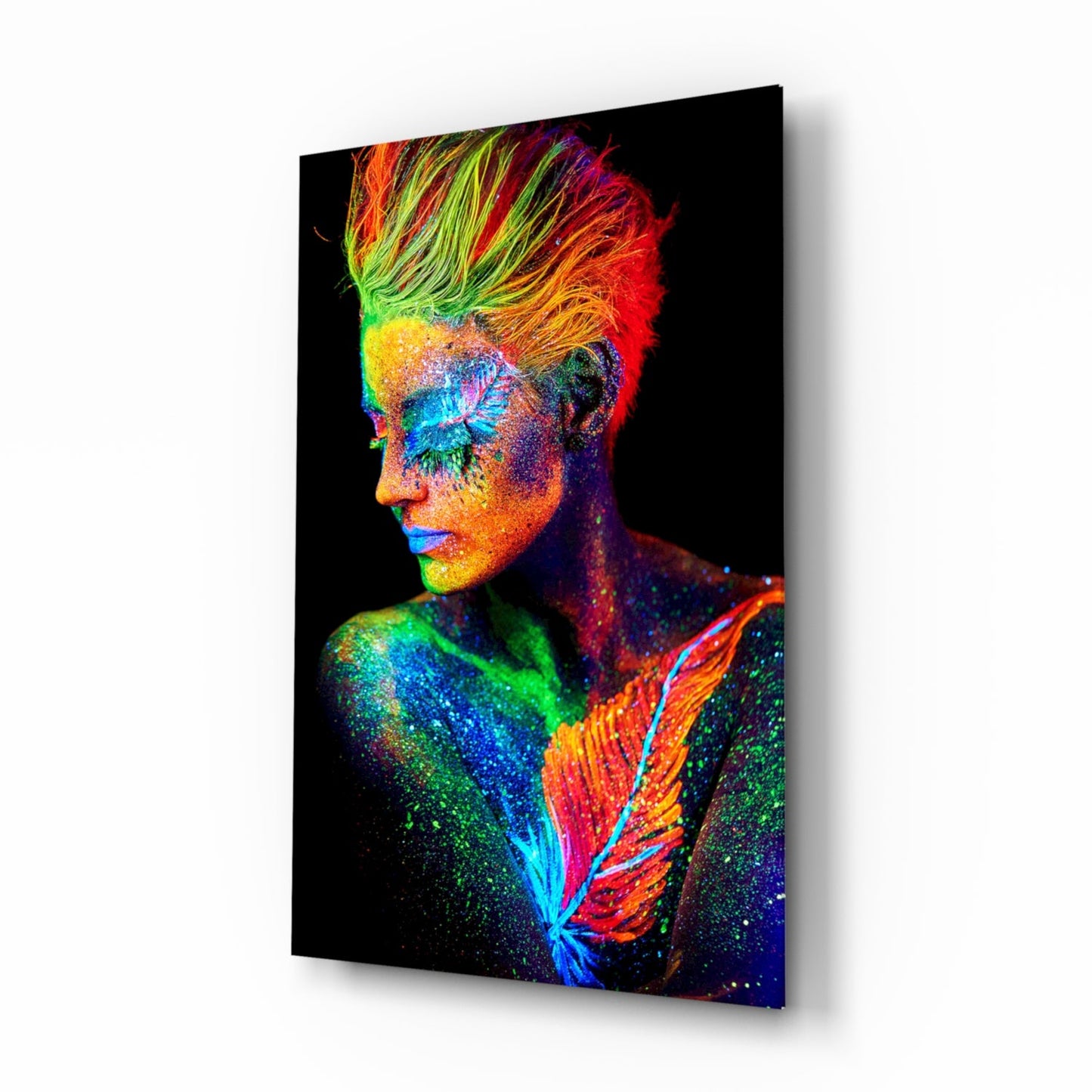 Neon Mohawk Feather Woman Glass Wall Art