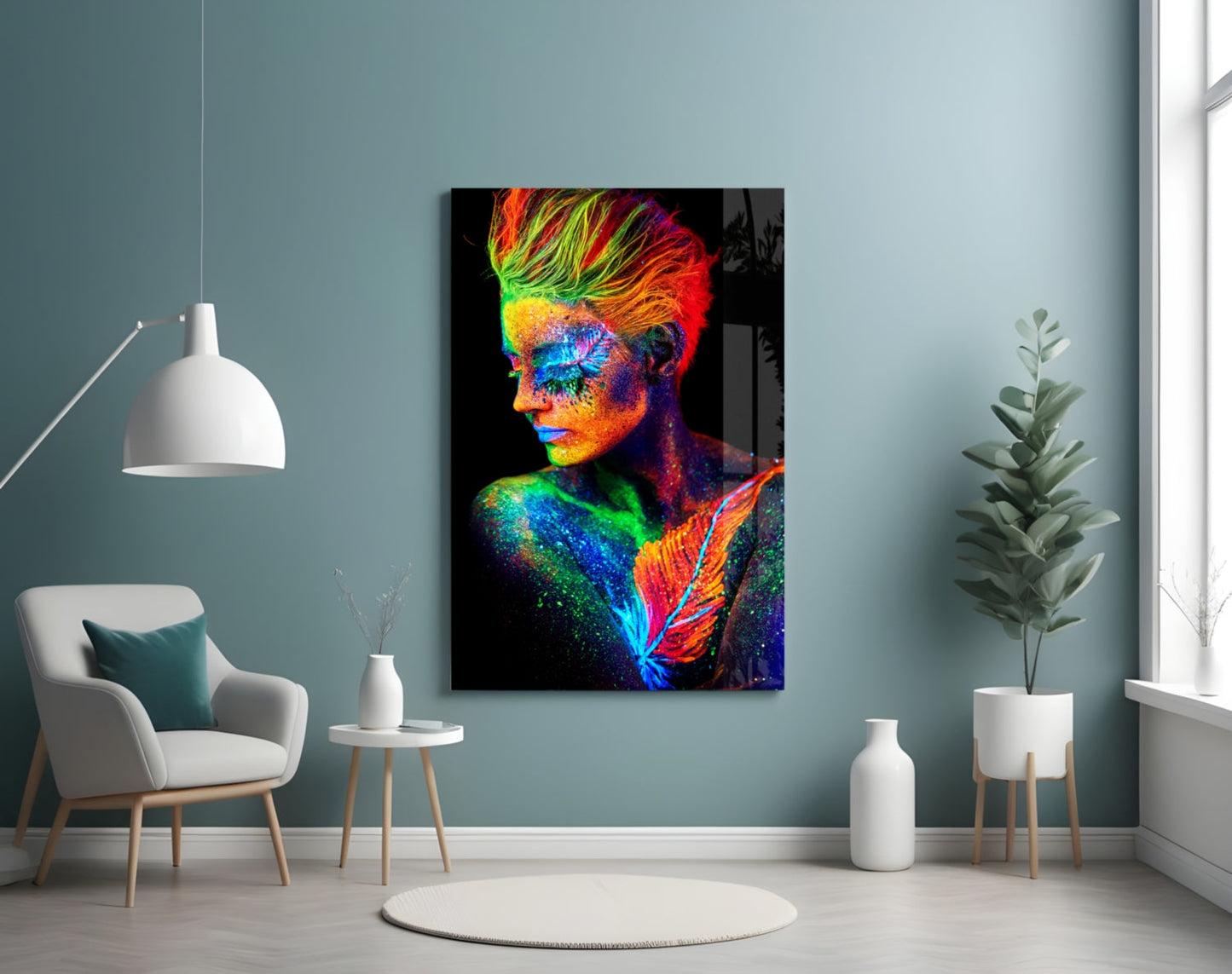 Neon Mohawk Feather Woman Glass Wall Art