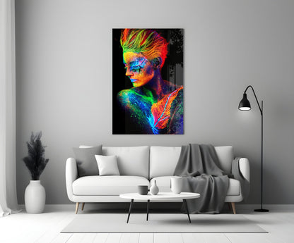 Neon Mohawk Feather Woman Glass Wall Art