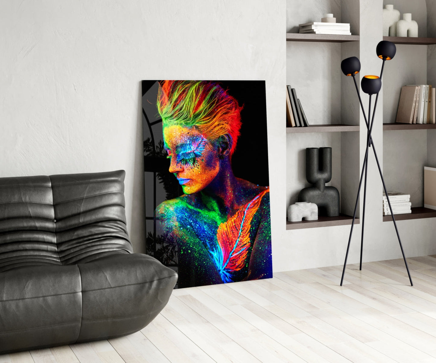 Neon Mohawk Feather Woman Glass Wall Art