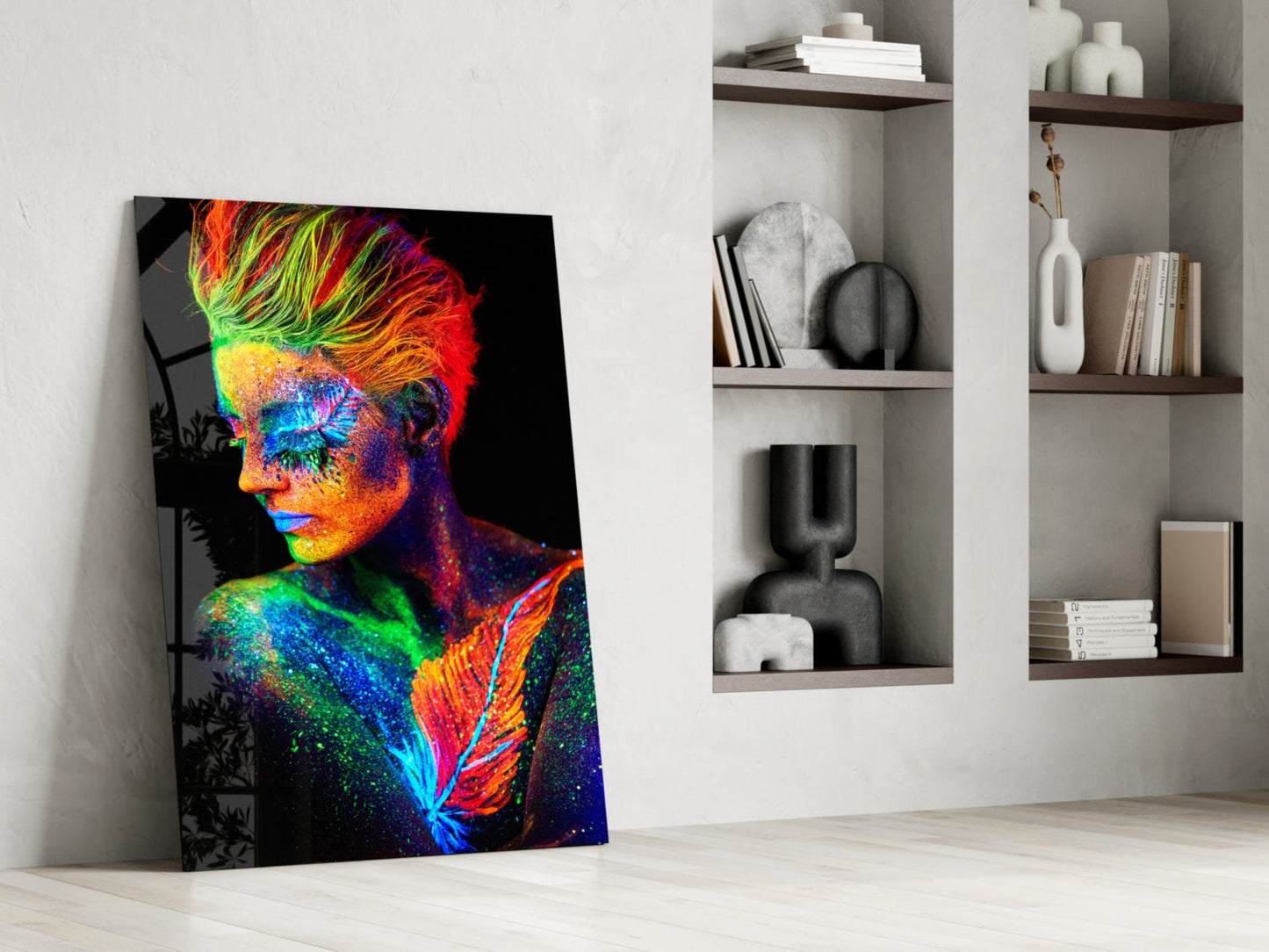 Neon Mohawk Feather Woman Glass Wall Art
