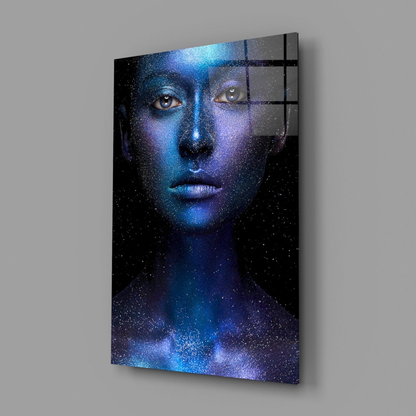 Cosmic Blue Glitter Face Glass Wall Art