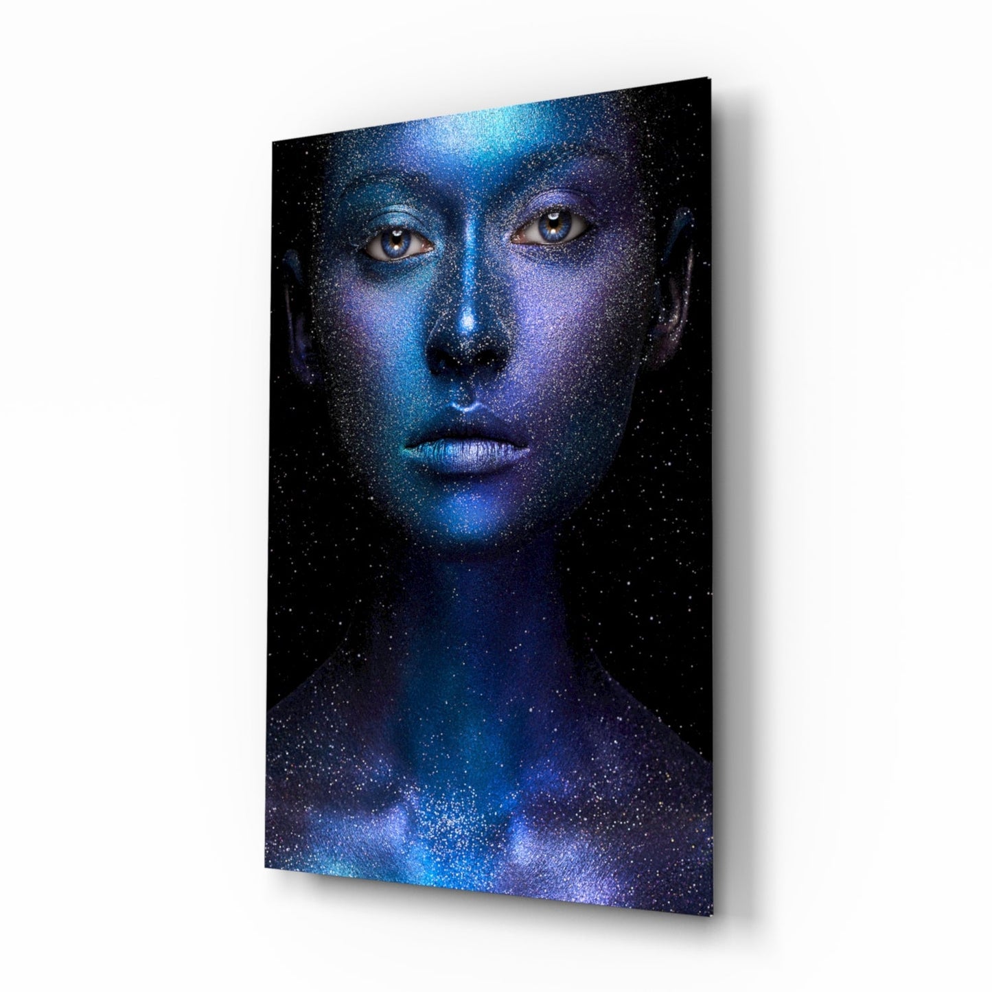 Cosmic Blue Glitter Face Glass Wall Art