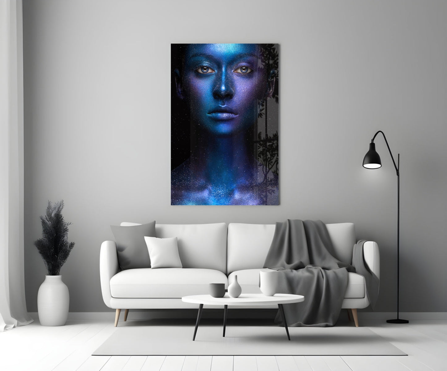 Cosmic Blue Glitter Face Glass Wall Art