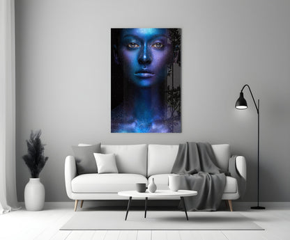 Cosmic Blue Glitter Face Glass Wall Art