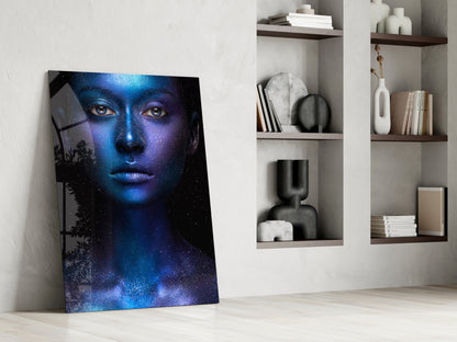 Cosmic Blue Glitter Face Glass Wall Art