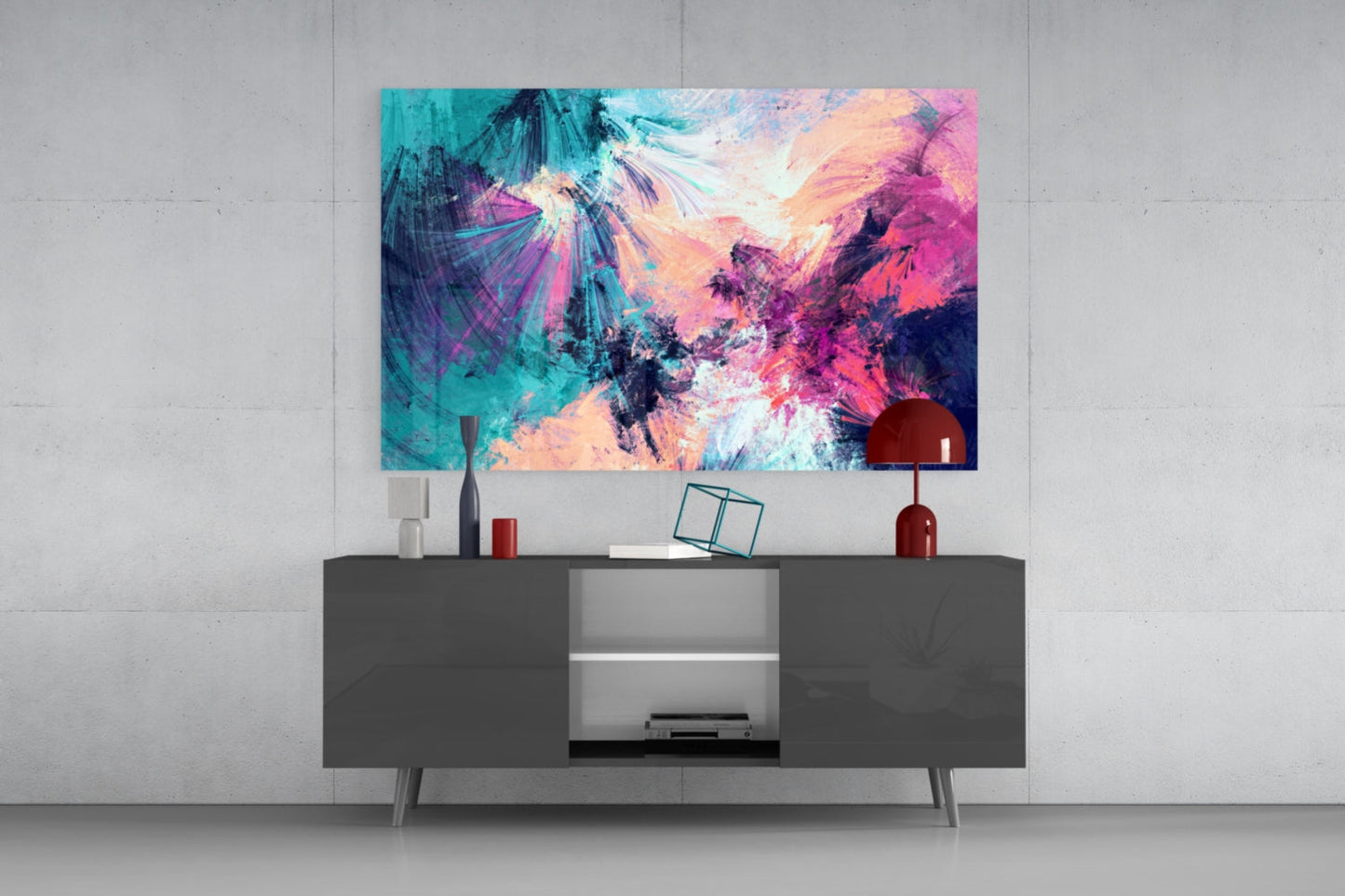 Teal Pink Feathered Splash Glass Wall Art