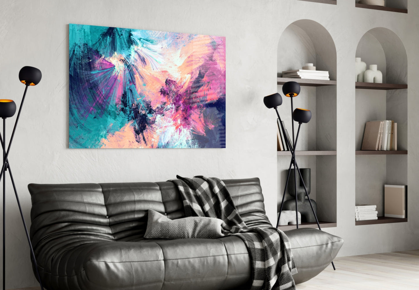 Teal Pink Feathered Splash Glass Wall Art