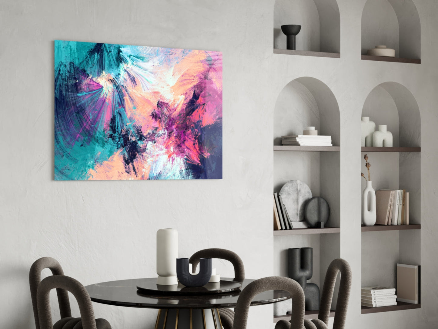 Teal Pink Feathered Splash Glass Wall Art