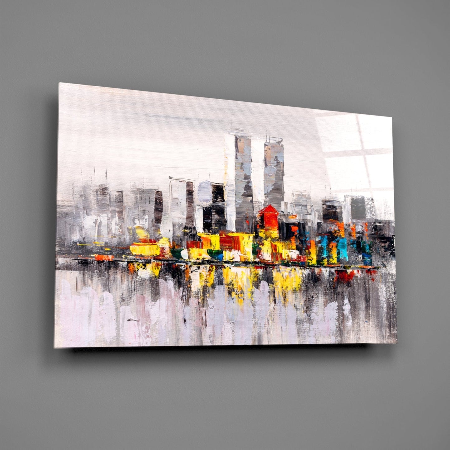 Palette Knife Twin Towers Skyline Glass Wall Art