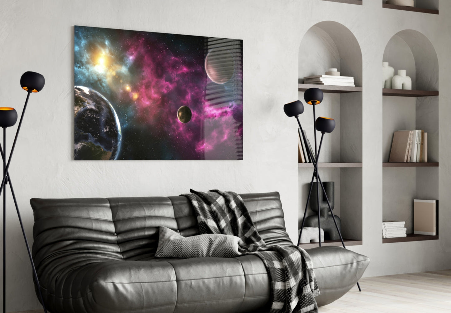 Pink Nebula Planets Glass Wall Art