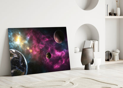 Pink Nebula Planets Glass Wall Art