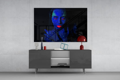 Blue UV Red Lips Woman Glass Wall Art