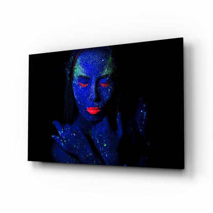 Blue UV Red Lips Woman Glass Wall Art