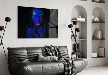 Blue UV Red Lips Woman Glass Wall Art
