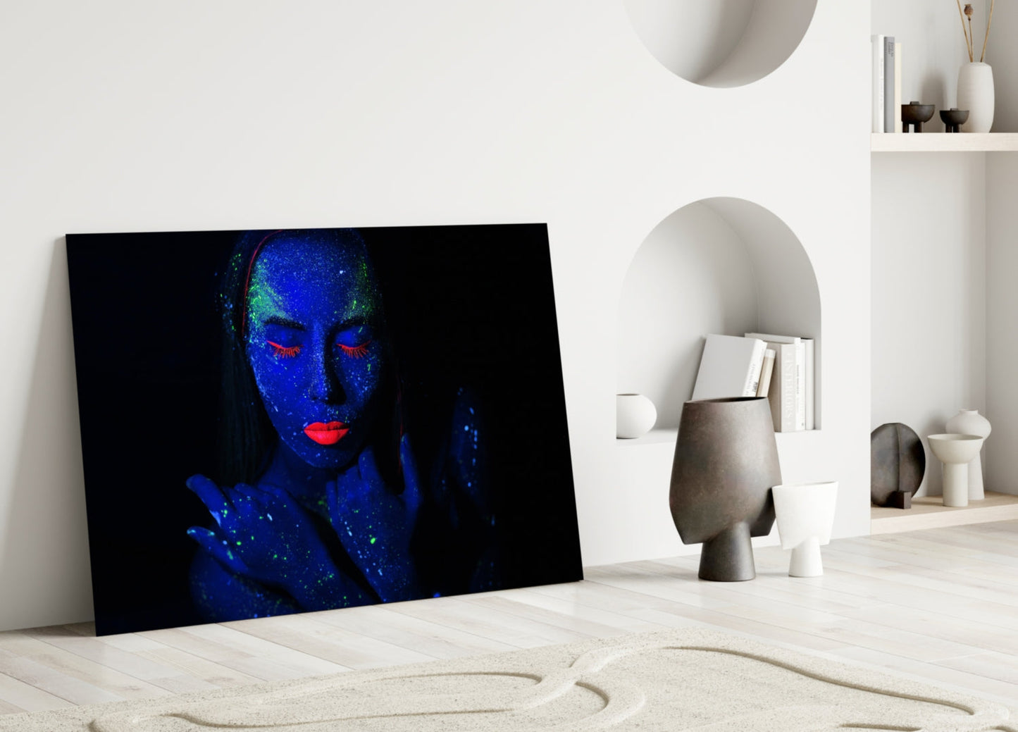 Blue UV Red Lips Woman Glass Wall Art